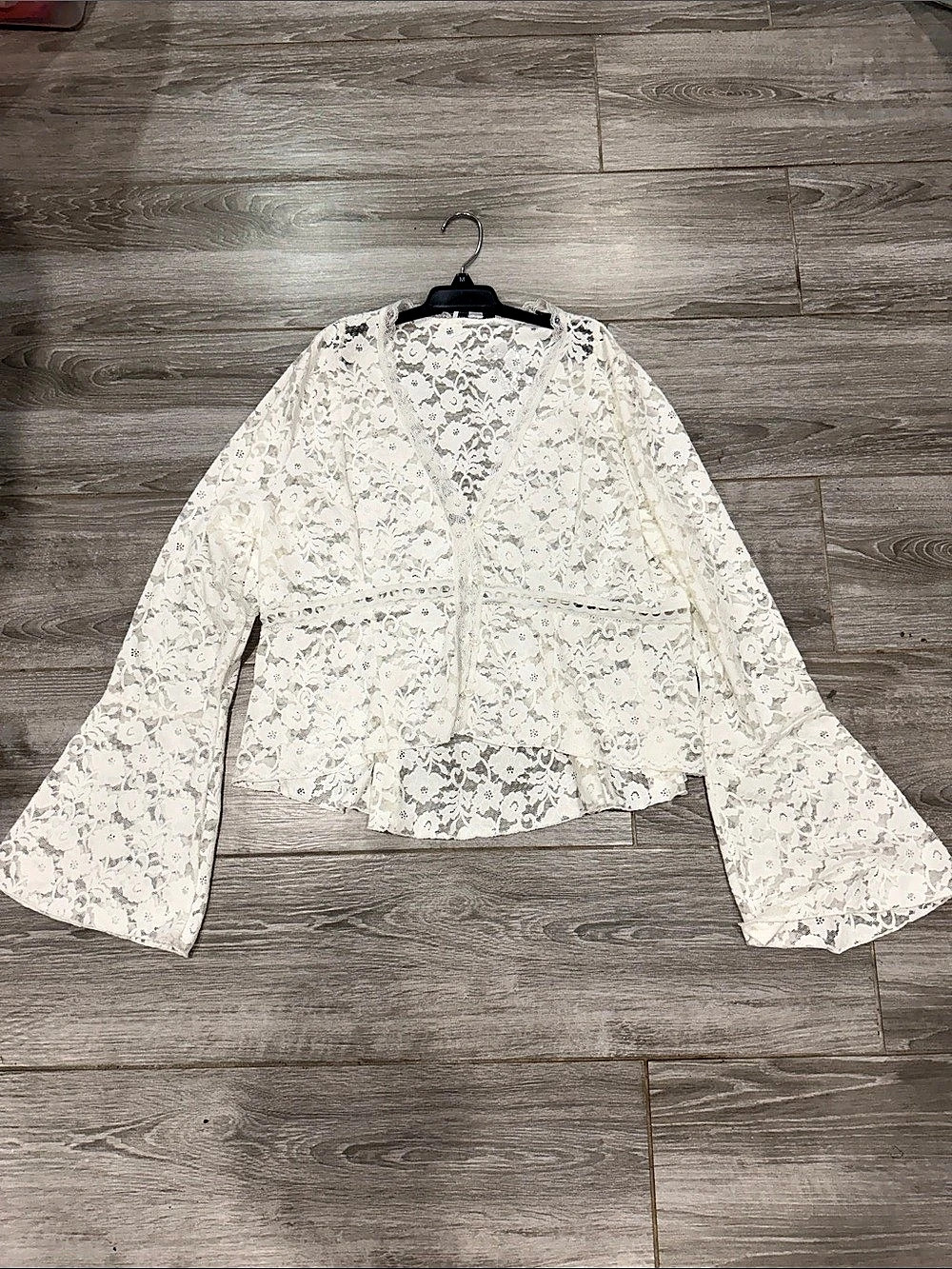 AND NOW THIS Lace Bell-Sleeve Button-Front Top White XL - Picture 2 of 6
